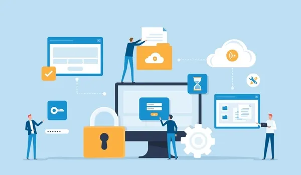 Representação de pessoas espalhadas mechendo em paineis de sistemas conectados